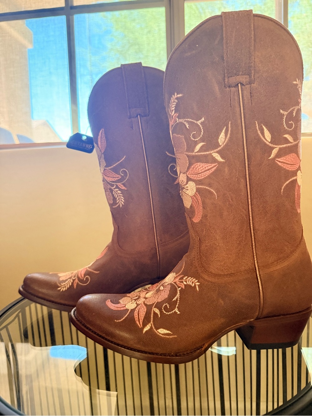 Shyanne Brown Suede Western Boots with Pink & Cream Floral Embroidery size 8 1/2